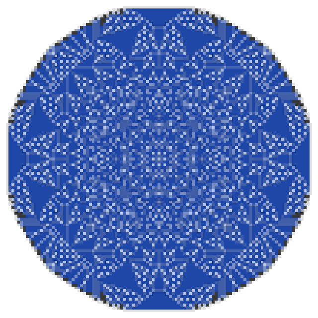 A round sandpile of nested diamonds, almost all of it marked in blue.